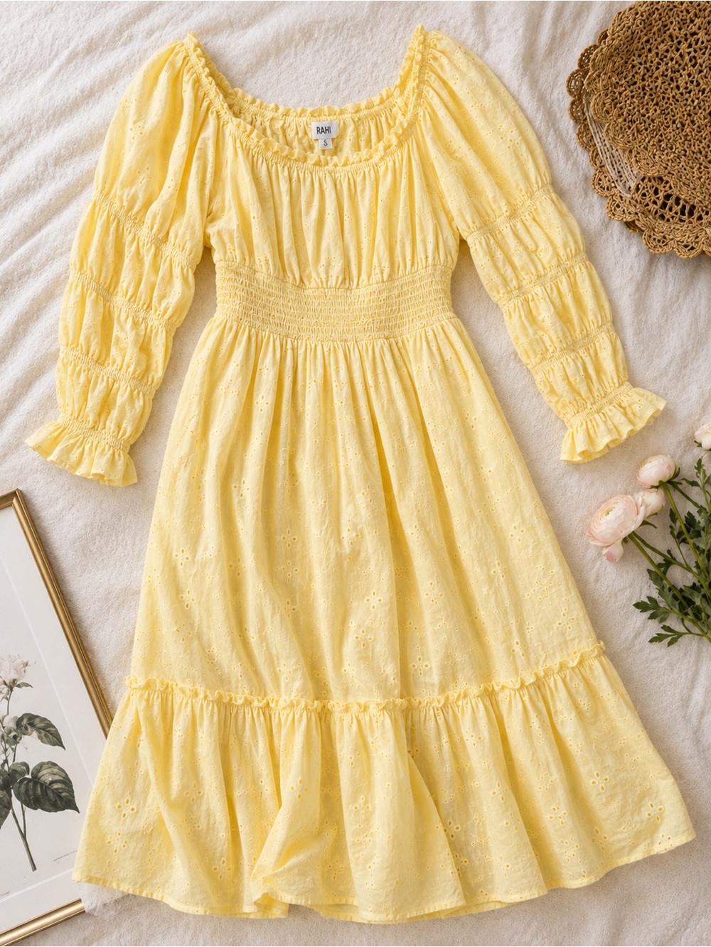 RAHI Yellow Eyelet Midi Dress S 100% Cotton Smocked Puff Sleeve Cottagecore